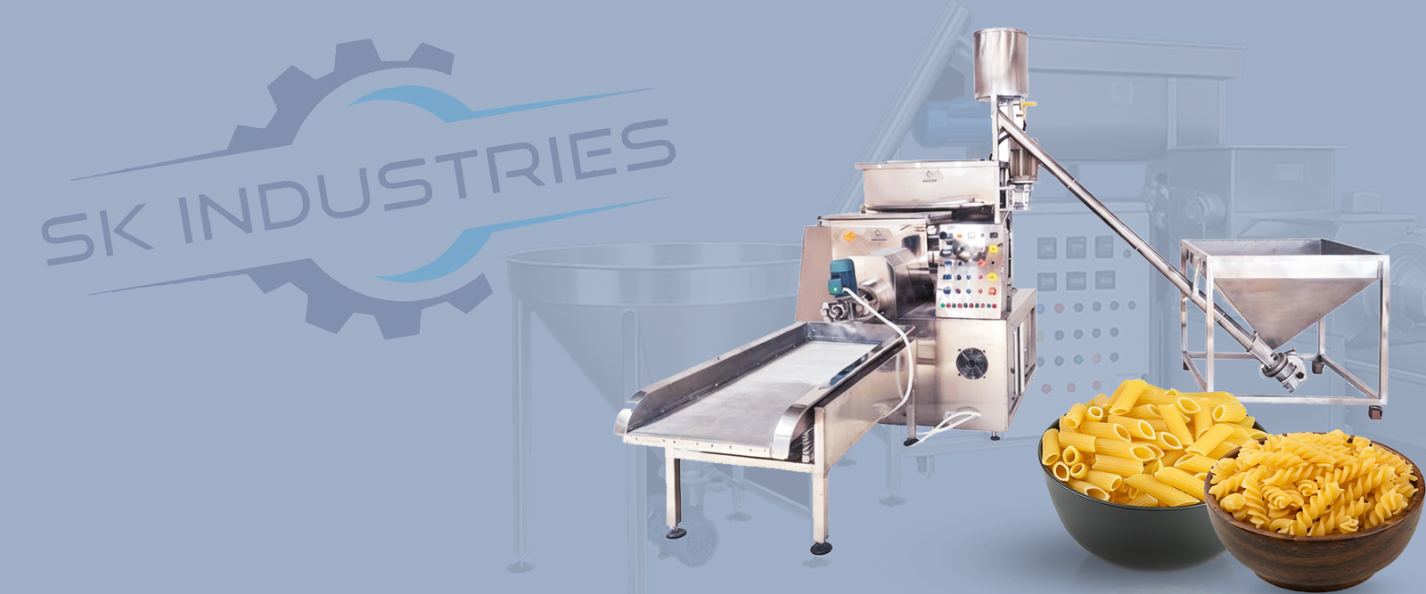 Automatic pasta making machine by SK Industries with penne and fusilli pasta